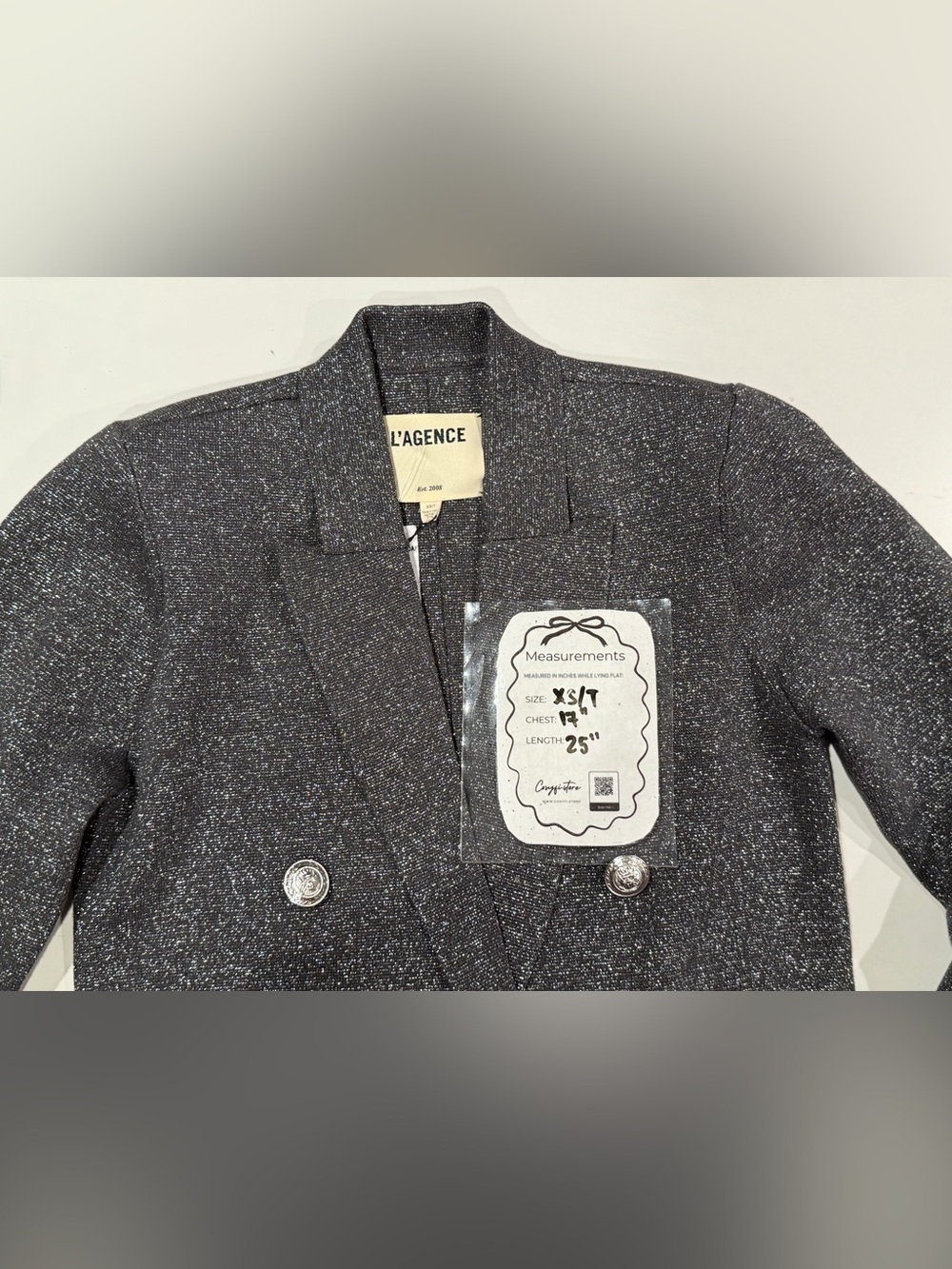L'AGENCE Dark Shadow Silver Lurex Kenzie Metalic Knit Double Breasted Blazer NWT - Picture 7 of 7